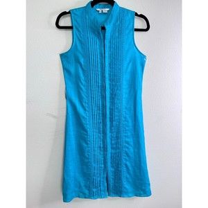 Zara Basic 100% Ramie Dress Sleeveless Teal Slim Fit Button Up Pleated Sz S Flaw
